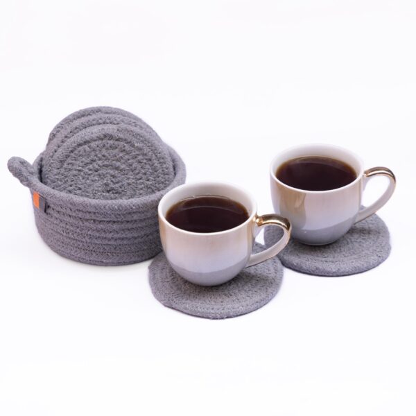 Kinton Crafts Coaster Set of 6 for Tea Cups, Coffee Mugs, Drink hot/Cold Coaster Set with Basket for Kitchen/Dining Table/Office/Restaurant, (10 cm Diameter, Round) Gray